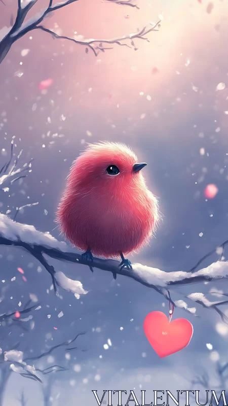 Pink Avian Figure on Snowy Branch with Suspended Heart Motif