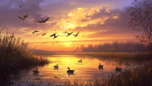 Ducks and dusklight waltz across a glowing marsh mirror.