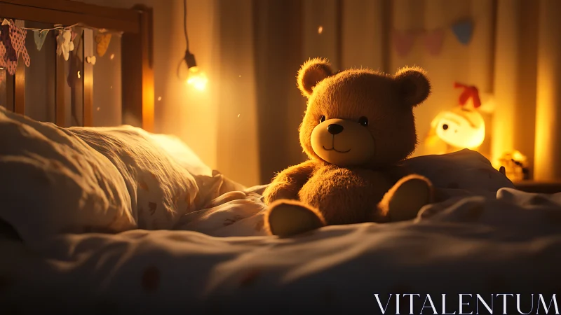 Photorealistic plush teddy bear in warm nursery night lighting.