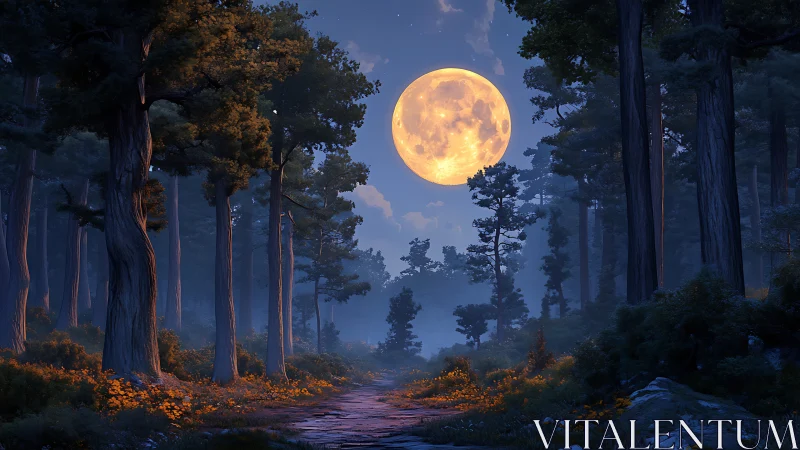 Moonlit forest trail pauses beneath an oversized glowing moon