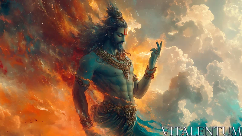 Celestial blue deity emerges from swirling cosmic clouds