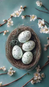 Speckled eggs cradle spring whispers in a teal blossom nest.