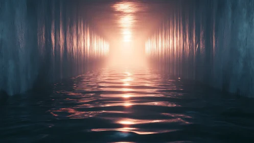 Soft glowing tunnel of water leading toward gentle daylight.