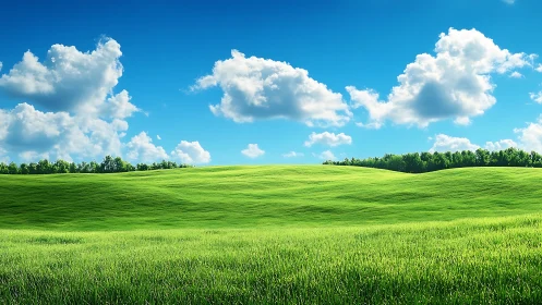 Green grassy hills under blue sky with scattered white clouds.