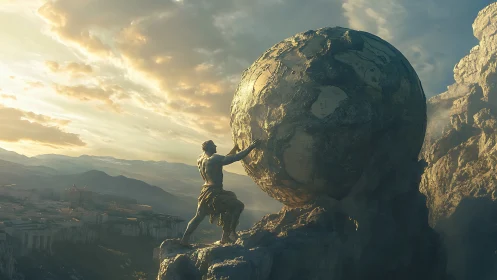 Sunlit titan straining beneath a weathered stone world.