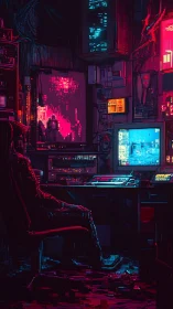 Neon hacker&rsquo;s den immersed in glitchy cyberpunk glow.