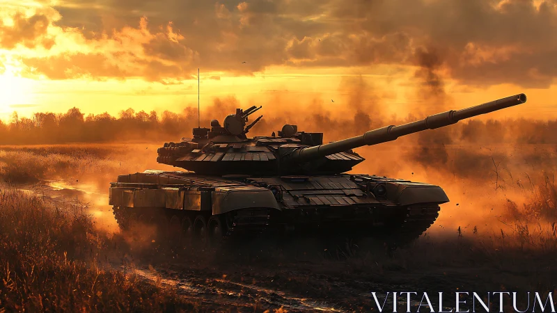 Sunlit battle tank advancing through fiery mist at dusk.