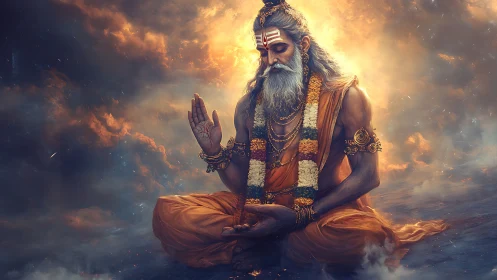 Seated robed figure meditates amid diffuse clouded light