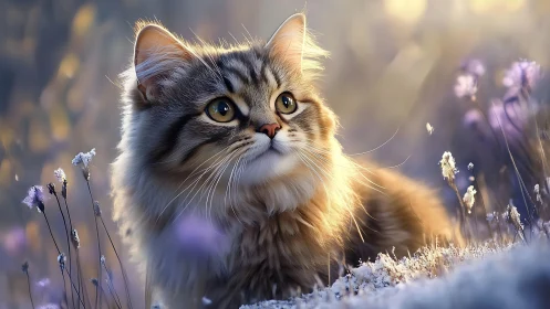 Fluffy Tabby Cat Surrounded by Snow and Winter Flowers
