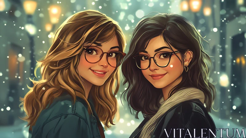 Two stylish women with glasses in snowy city, digital art portrait.