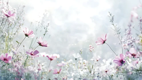 Soft Pink Cosmos Flowers Blooming in Hazy Dreamy Light