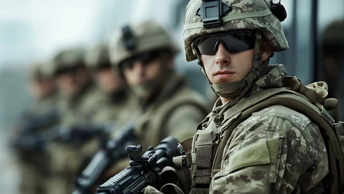 Modern infantry squad in tactical formation outdoors.