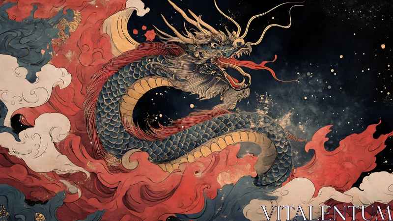 Celestial dragon coils through red storm clouds at night