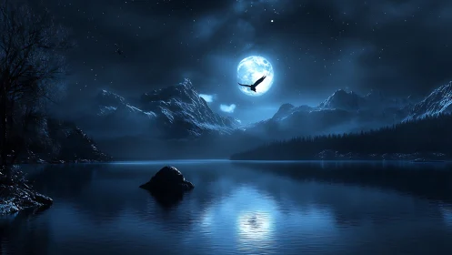 Nocturnal mountain lake under full moon with soaring bird silhouette