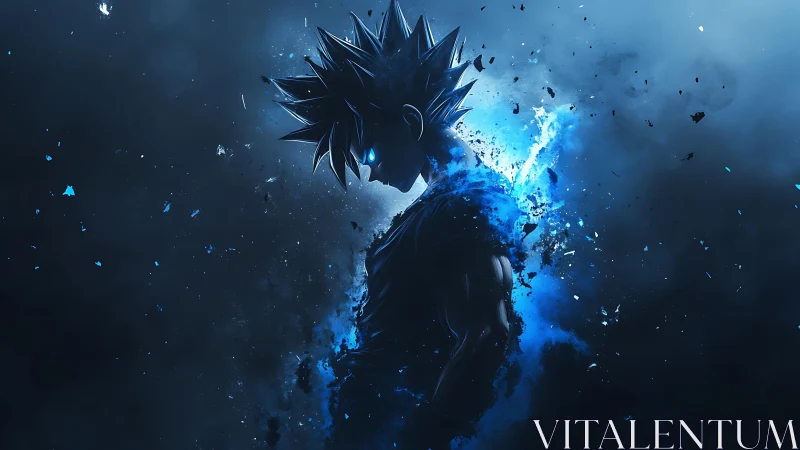 Anime fighter silhouette glows with blue fragmented energy