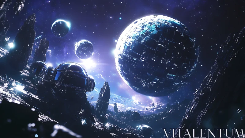 Massive spherical space station over jagged alien terrain.