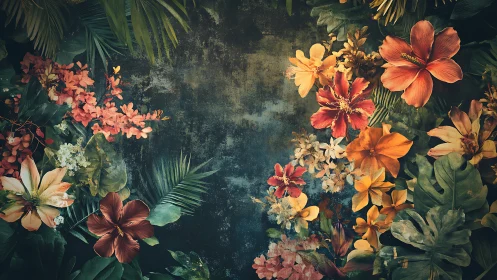 Tropical Florals on Weathered Teal Surface.