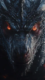 Infernal dragon close-up with molten ember eyes and scales.