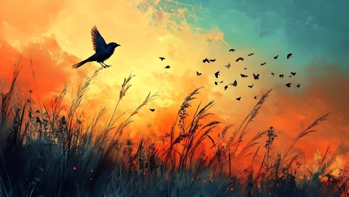 Birds cross fiery meadow sky under vivid sunset glow