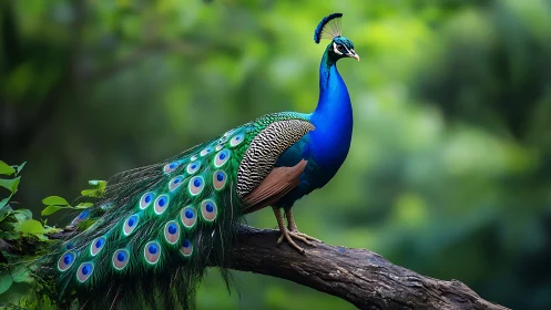 Vibrant Peacock on Tree Branch in Lush Green Nature Setting.