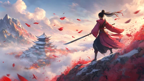 Samurai figure on cliffside above misty pagoda landscape.