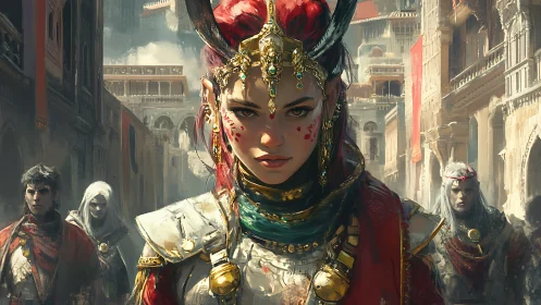 Warrior princess strides through sunlit ancient citadel.