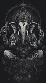 Ivory-lit Ganesha enthroned in ornate, shadowed divinity.