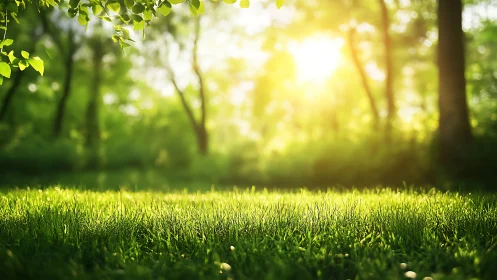 Sunlit green meadow with soft focus background, vibrant natural style.