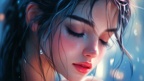 Rainlit portrait of serene woman with glistening skin.