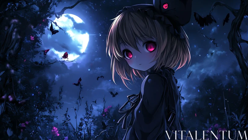 Moonlit crimson-eyed wanderer in a whispering bat forest.