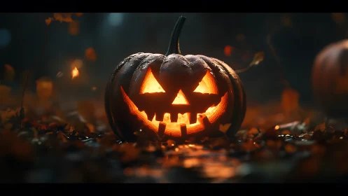 Glowing jack o lantern smiling warmly on an autumn night.