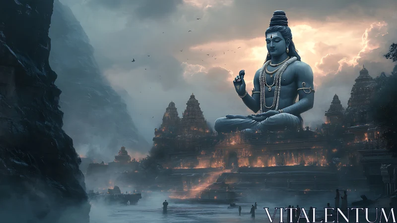 Serene mountain temple city beneath a luminous blue deity.