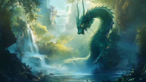 Serpentine jade dragon coils through misted waterfall valley