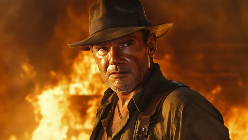 Weathered adventurer stands defiant against raging flames