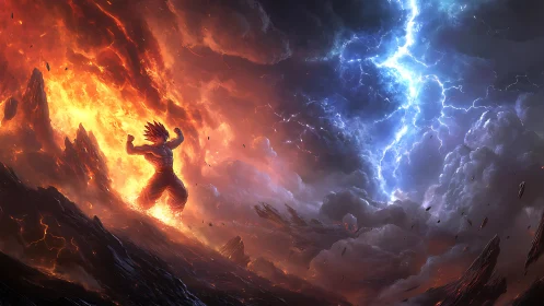 Warrior channels volcanic fire against stormlit sky divide