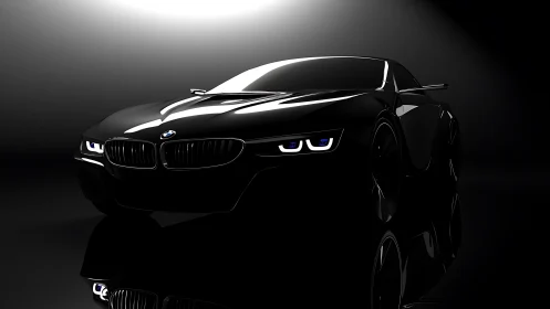 Sleek black sports coupe glows under dramatic studio light