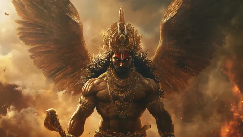 Winged mythic warrior in molten sky with ornate gold armor