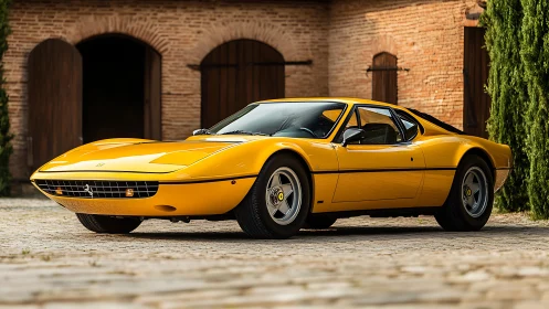 Yellow mid‑engine classic sports coupe on cobblestone courtyard