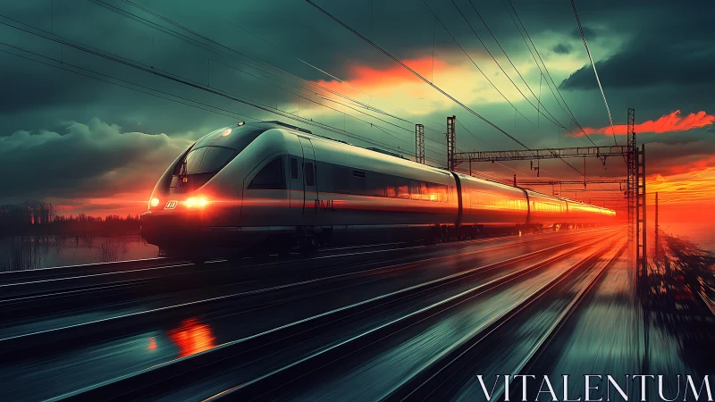Sunset journey with a sleek high speed train in motion.