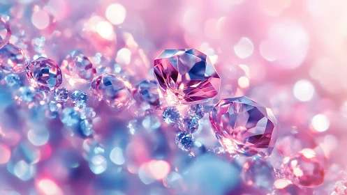 Iridescent pink gemstones refract light in macro bokeh field