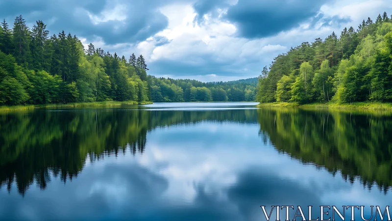 Calm forest lake reflects dense tree line under cloudy sky