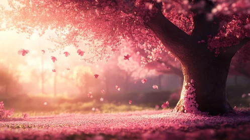 Luminous cherry blossom tree under drifting pink petals.