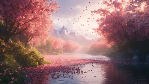 Cherry blossom river valley under glowing mountain light.