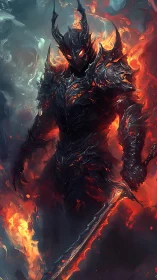 Armored humanoid figure in flames with sword in hand.