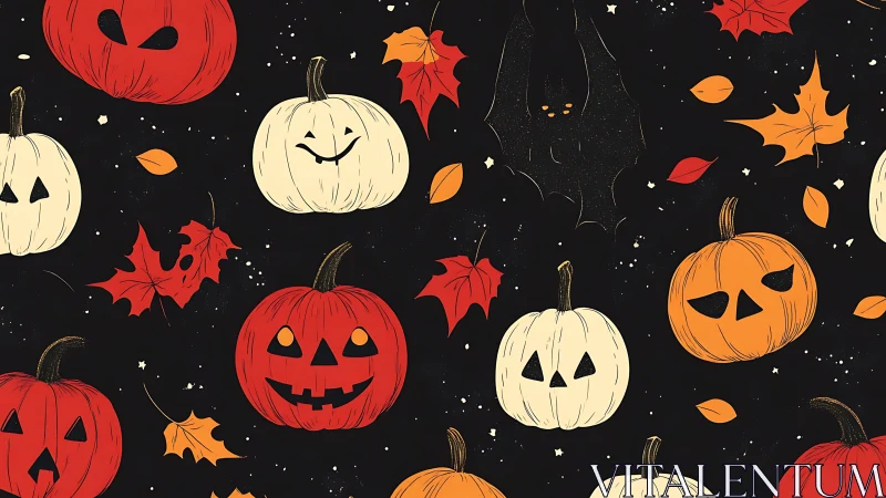Cheerful jack o&rsquo; lanterns glow softly in a spooky night sky