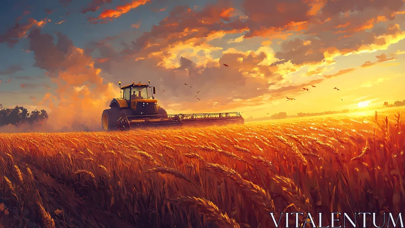 Sunlit harvester traversing wheat field under volumetric clouds.