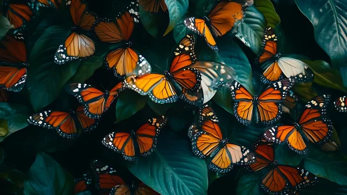 Monarch butterflies rest on dense foliage in filtered light