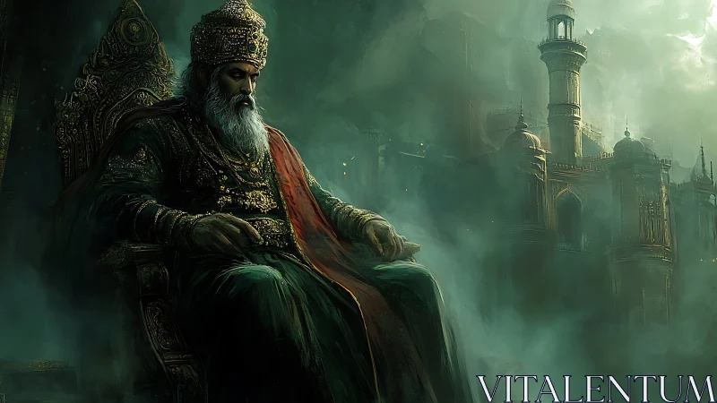 Silent emperor in emerald mist over forgotten citadel.