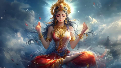 Divine celestial goddess in radiant sky meditation pose.
