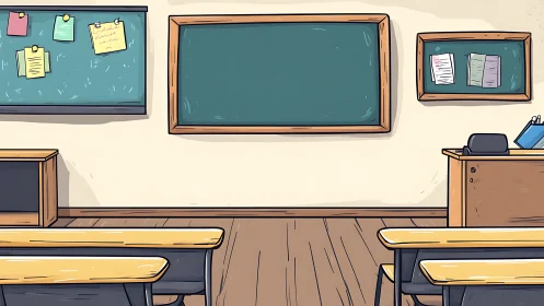 Sunlit cartoon classroom waits quietly for new students